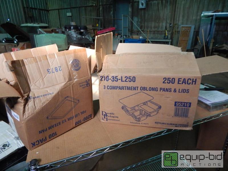 lot 3716 image: Box of Lids and Case of 3 Compartment Pans with lids