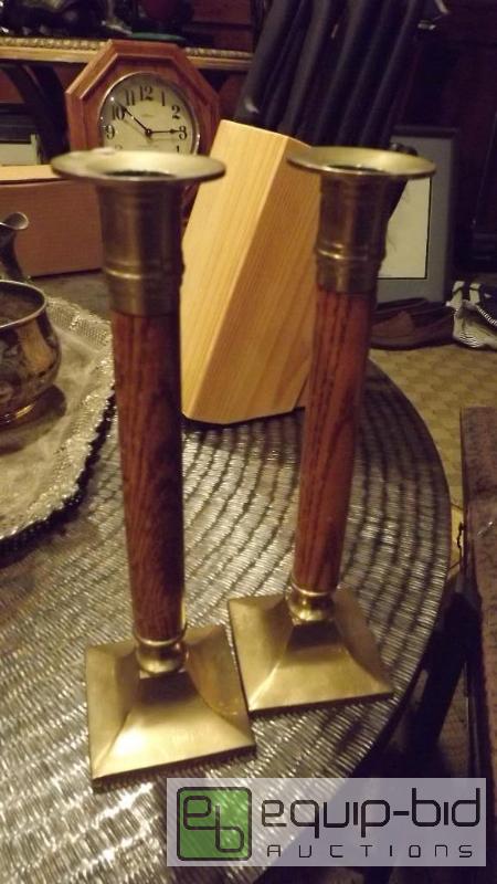 lot 5556 image: Pair of oak and brass candle holders...
