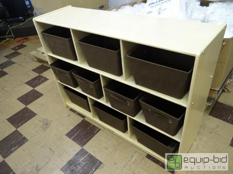 lot 195 image: Wood storage cabinet with cloth baskets.  Min...