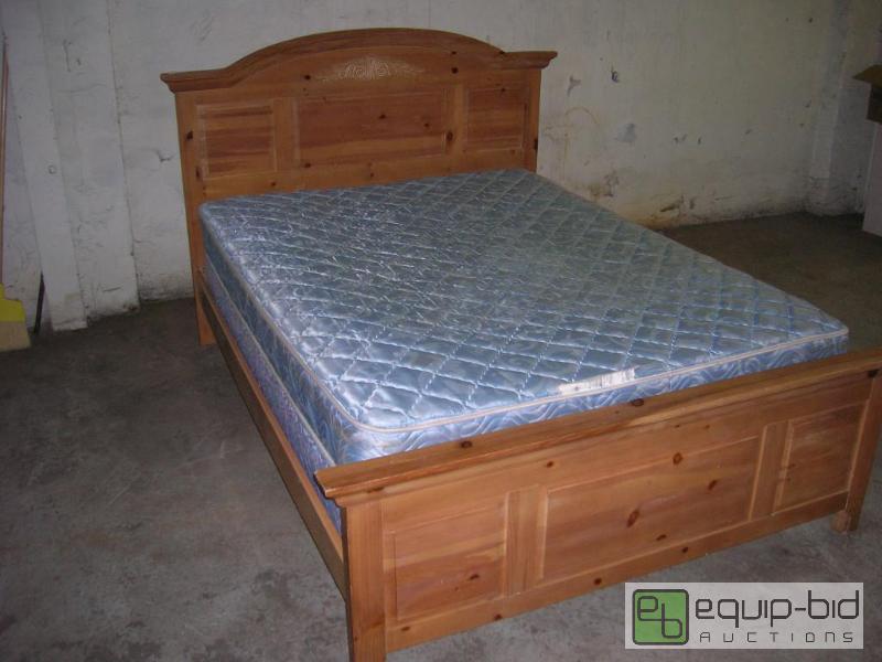 lot 620 image: Solid Pine Queen Size Head Board & Foot Board w Mattress Box Springs