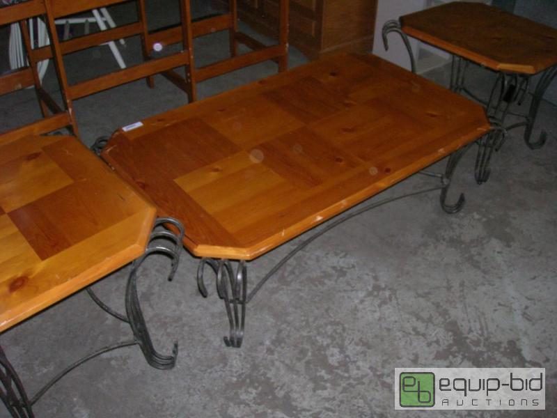 lot 636 image: Three Piece Wrought Iron & Wood Coffee and End Tables