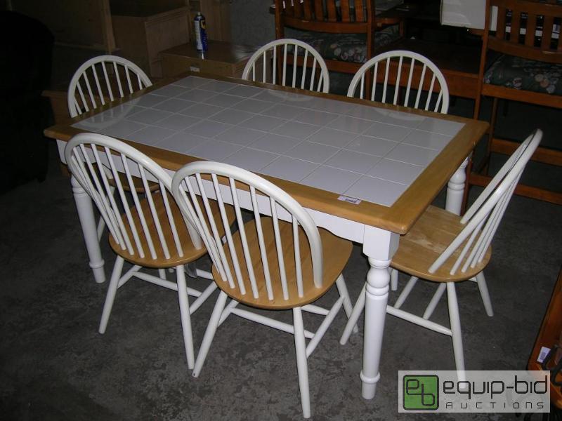 lot 653 image: Wood w Tile Top Kitchen Table & Six Chairs