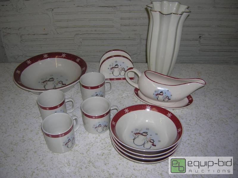 lot 811 image: 12 Piece Royal Seasons Stoneware Snowman Dishes  Mikasa Vase