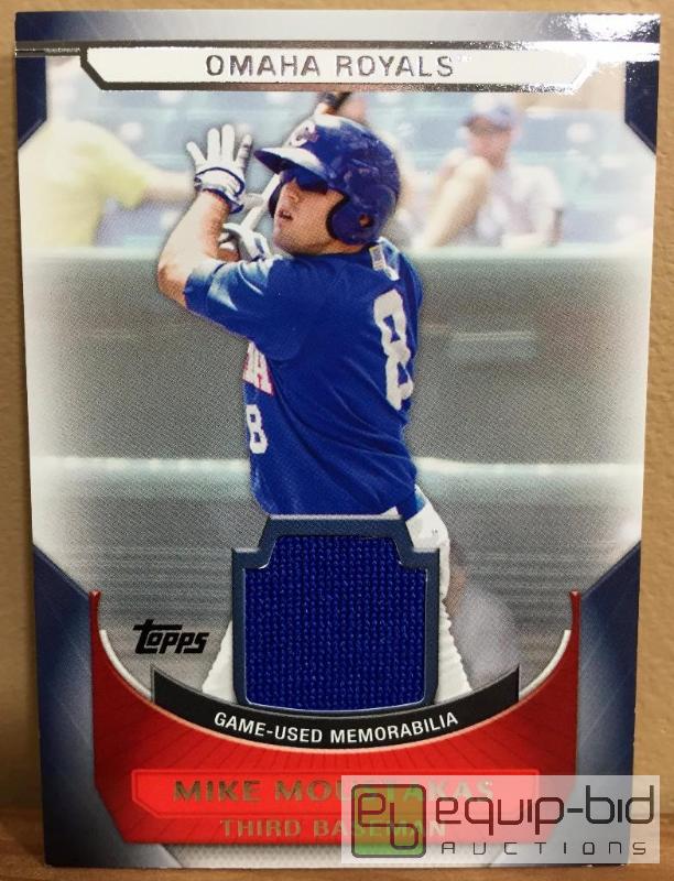 lot 1010 image: 2011 TOPPS PRO DEBUT #MM-MM MIKE MOUSTAKAS (RC) GAME USED JERSEY (MINT) ROOKIE JERSEY CARD