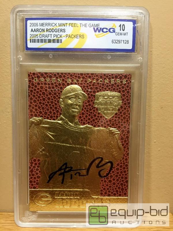 lot 1020 image: AARON RODGERS 2005 Draft Pick FEEL THE GAME Gold Card Graded GEM MINT 10 - GRADED VALUE $125