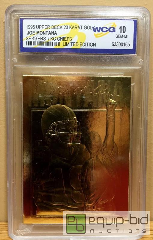 lot 1031 image: JOE MONTANA 1995 23KT Gold Card NFL 4-Time MVP 49ers Chiefs GRADED GEM MINT 10 - GRADED VALUE $120