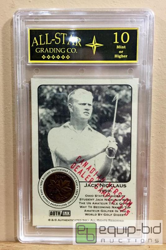 lot 1036 image: JACK NICKLAUS Golf 1959 COIN CARD 1c CANADIAN SAMPLE #35 GRADED ASG10 - ONLY 5 IN EXISTENCE