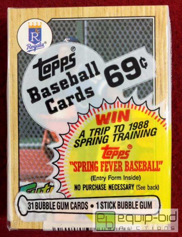 lot 1041 image: BO JACKSON 1987 Topps ROOKIE card on top of Cello pack Kansas City Royals RC MLB