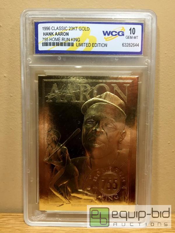 lot 1069 image: HANK AARON 755 Home Run King 1996 Sculptured 23KT Gold Card GEM MINT 10 - GRADED VALUE $120
