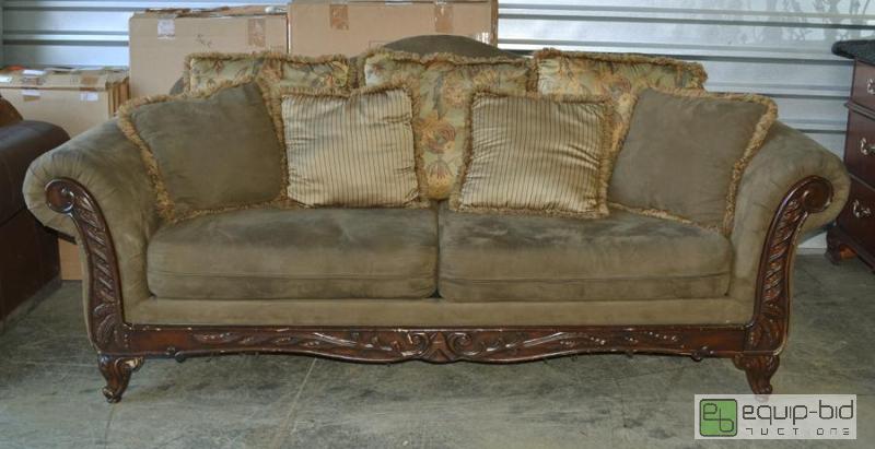 lot 2008 image: Full Size Olive Green Sofa with Decorative Wooden Frame