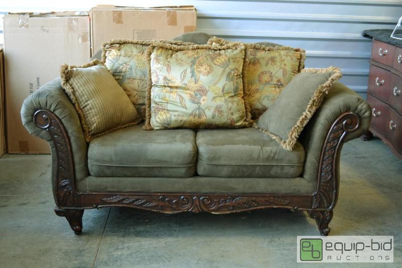 lot 2009 image: Olive Green Love Seat with Decorative Wooden Frame