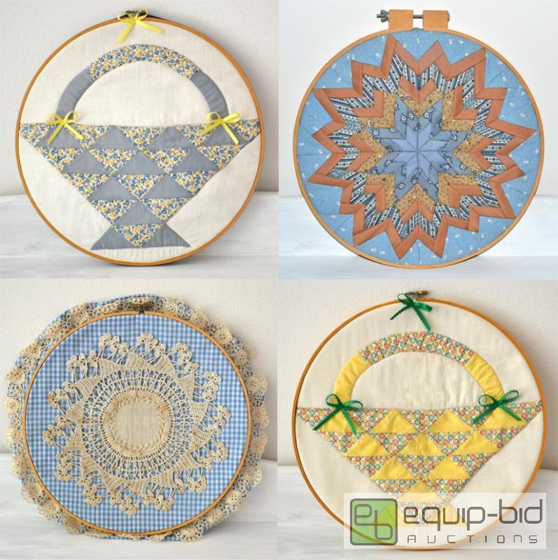 lot 2068 image: 4 vintage quilted pieces framed in circle frames