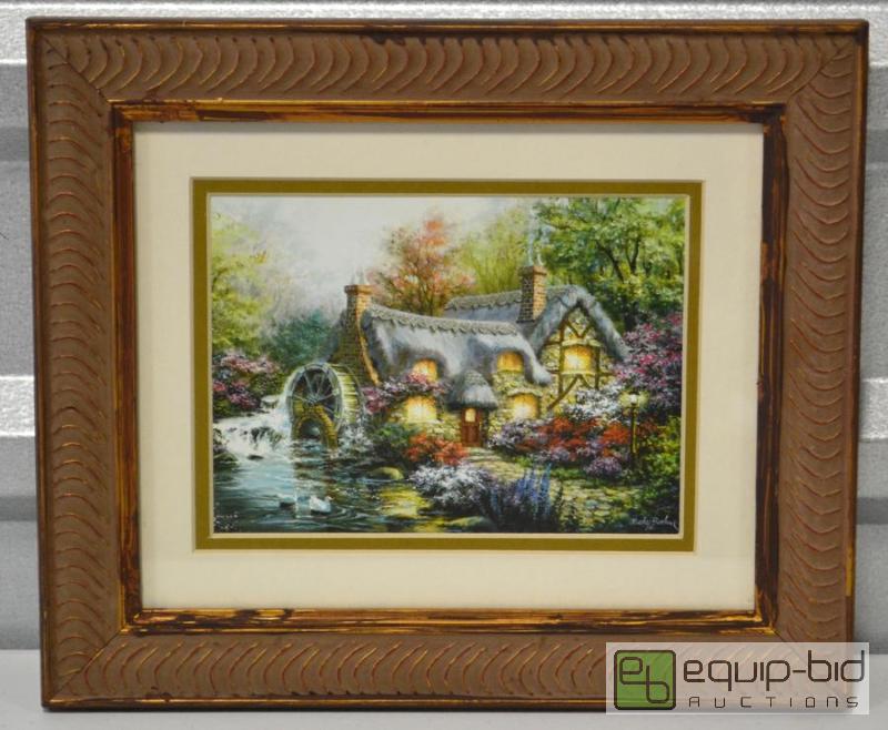 lot 2082 image: Framed Print - Thatched Cottage with Water Wheel