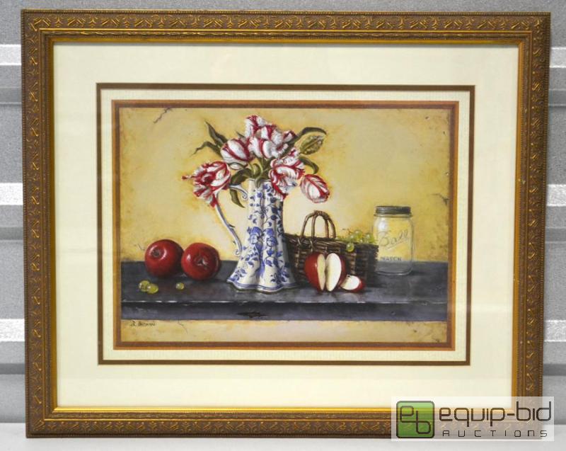 lot 2085 image: Framed Print of Blue Vase with Flowers and Apples