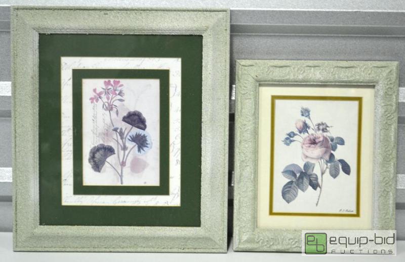 lot 2086 image: Prints of flowers framed in pastel green, textured frames