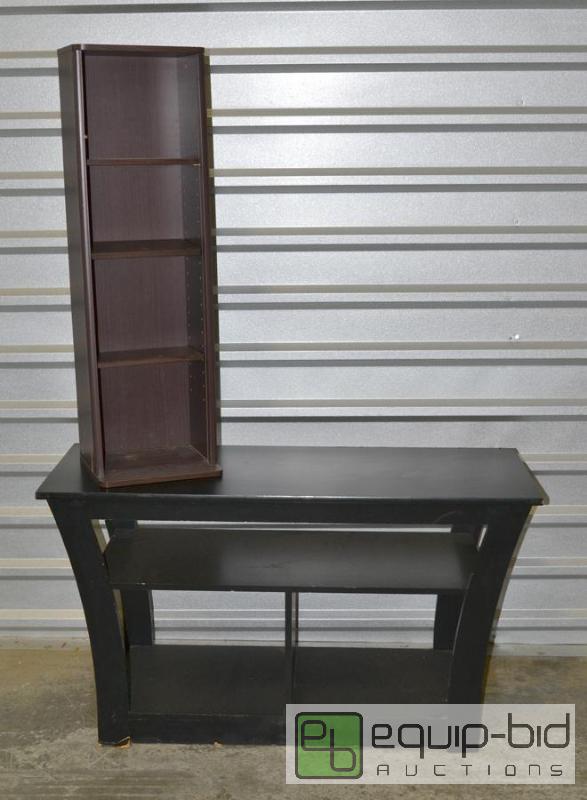 lot 5021 image: Black Wood Entertainment Center and Small Adjustable Brown Side Shelf