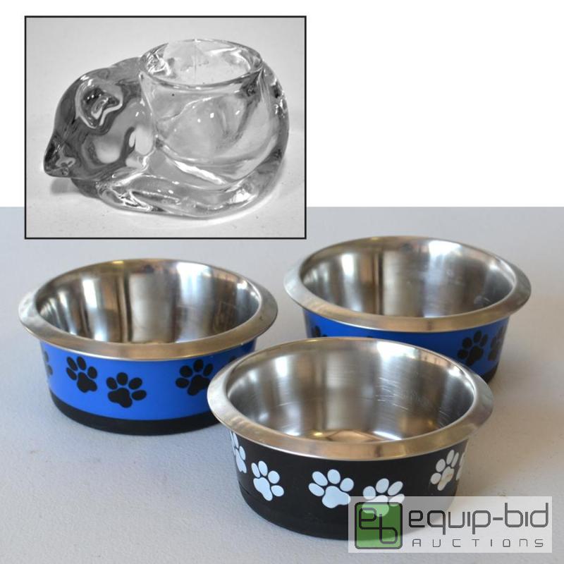 lot 5070 image: 3 Cat Food Dishes and a Votive Candle Holder