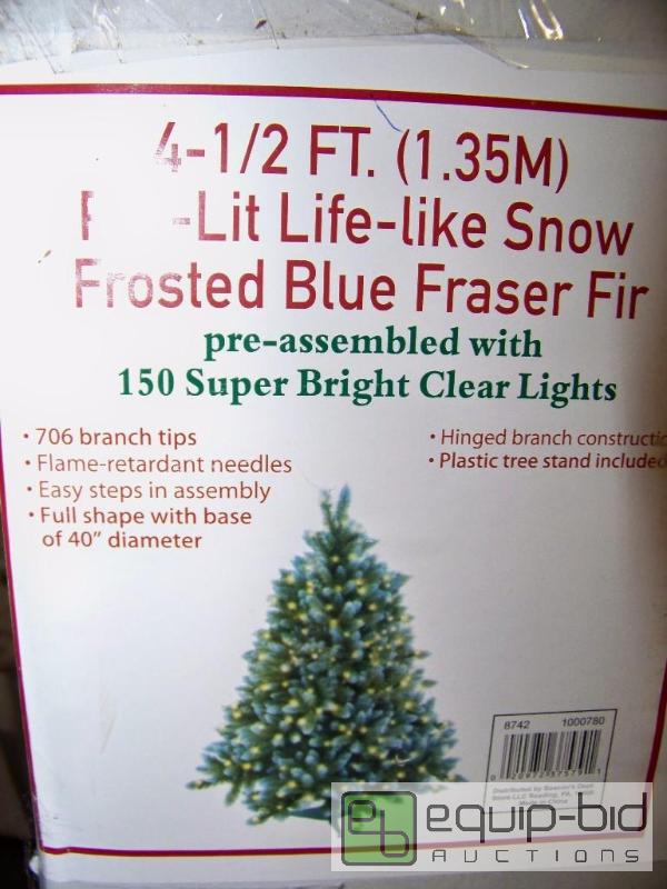lot 1348 image: 4.5 Pre-lit Life-Like Snow Frosted Blue Fraser Fir Christmas Tree
