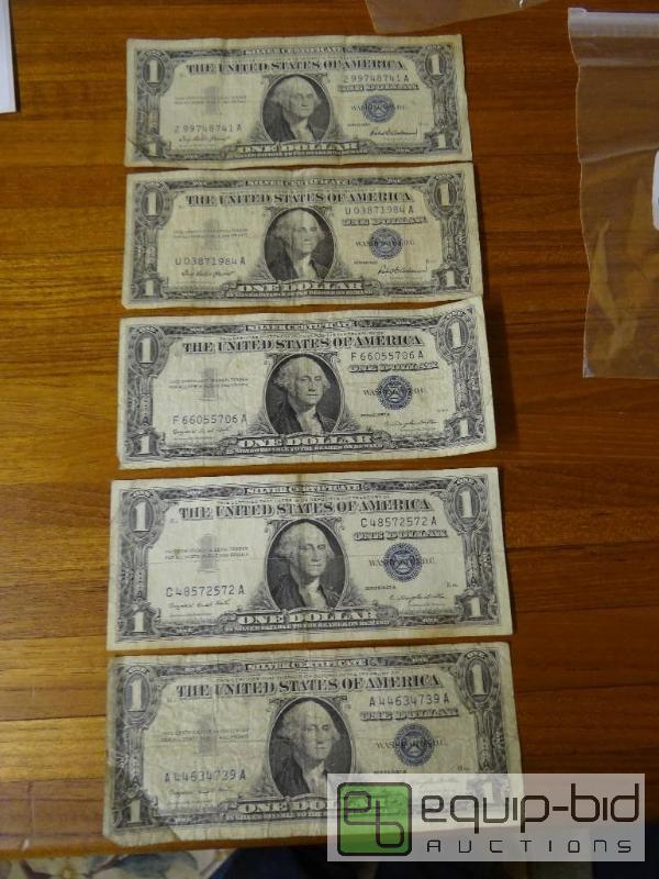 lot 1137 image: Lot of 5 silver certificates.  Dates in pictu...