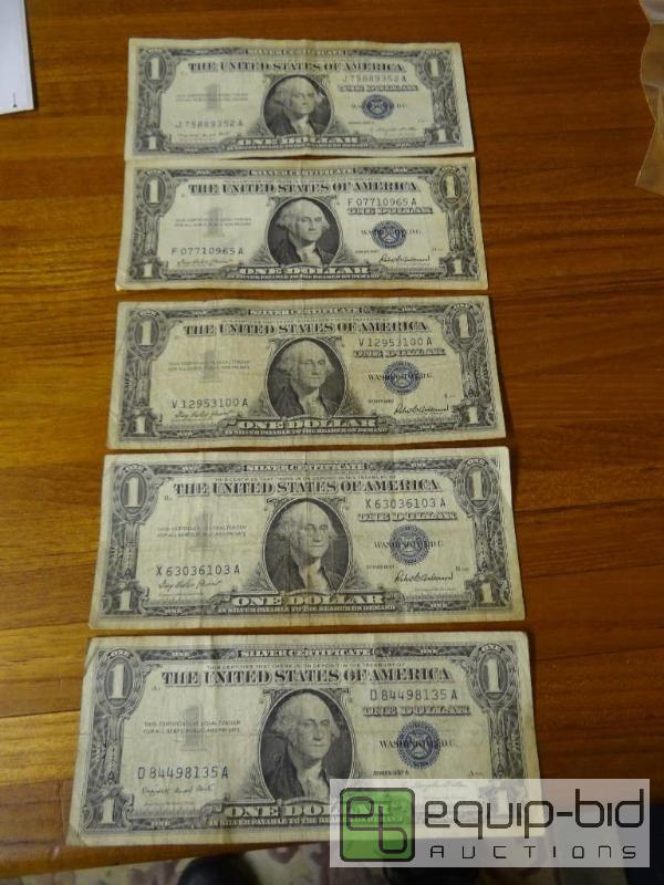 lot 1138 image: Lot of 5 silver certificates.  Dates in pictu...