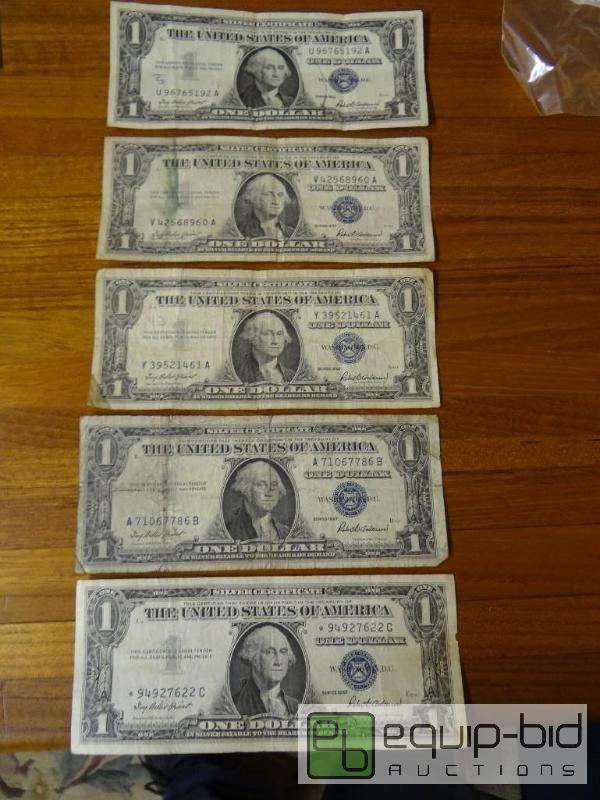 lot 1139 image: Lot of 5 silver certificates.  Dates in pictu...