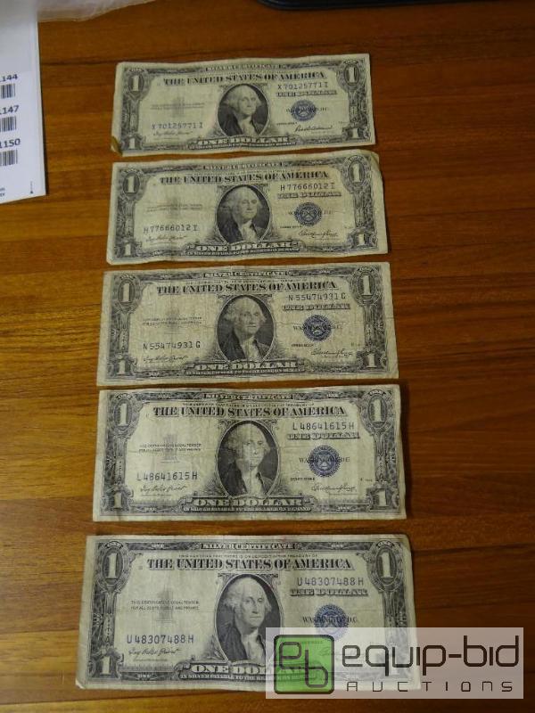 lot 1142 image: Lot of 5 silver certificates.  Dates in pictu...