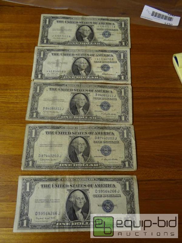 lot 1147 image: Lot of 5 silver certificates.  Dates in pictu...