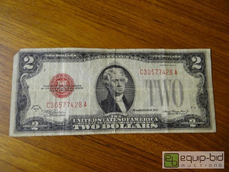 lot 1150 image: Red seal 2 dollar bill. Dated 1928...