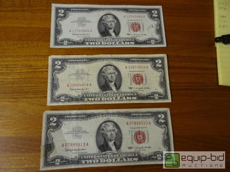 lot 1151 image: Lot of 3 red seal 2 dollar bills.  All 3 date...