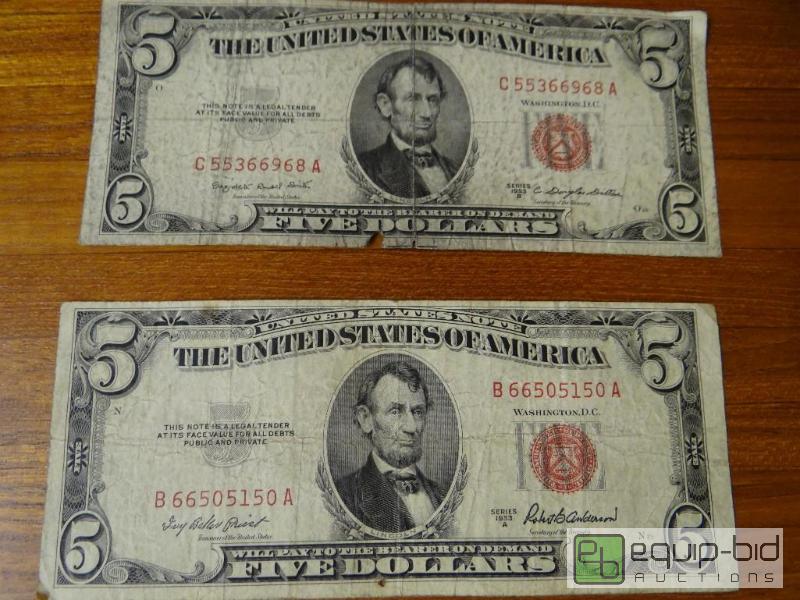 lot 1155 image: Lot of 2 red seal 5 dollar bills.  Dated 1953...