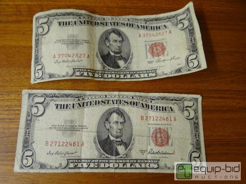 lot 1156 image: Lot of 2 red seal 5 dollar bills.  Dated 1953...