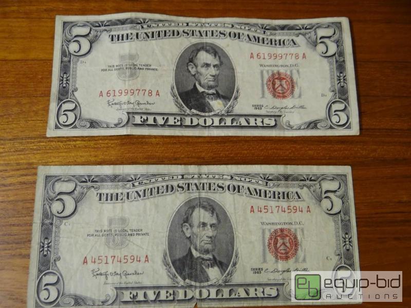 lot 1157 image: Lot of 2 red seal 5 dollar bills.  Dated 1963...