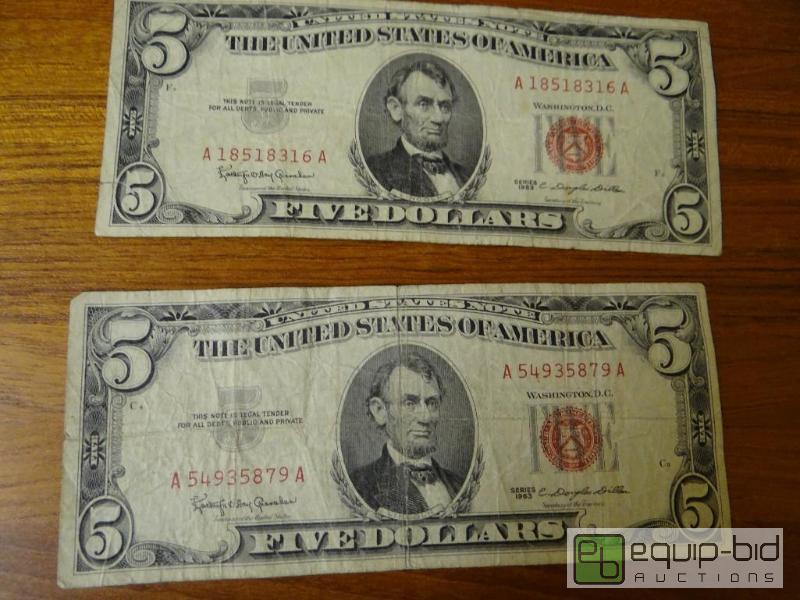 lot 1158 image: Lot of 2 red seal 5 dollar bills.  Dated 1963...