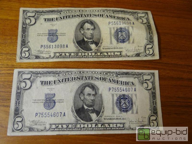 lot 1160 image: Lot of 2 blue seal 5 dollar bills.  Dated 193...