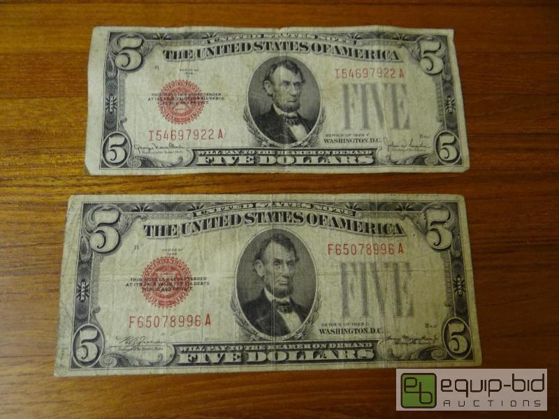 lot 1161 image: Lot of 2 red seal 5 dollar bills.  Dated 1928...