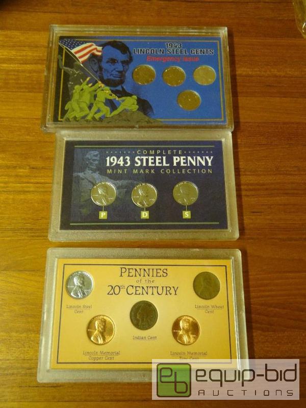 lot 1196 image: 3 penny collector sets in cases.  1943 Lincol...