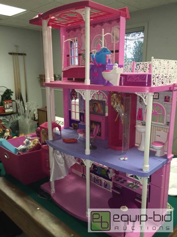 lot 113 image: Large Lot Barbie Dream House with Furniture, Salon Chair, MANY Barbies, MORE