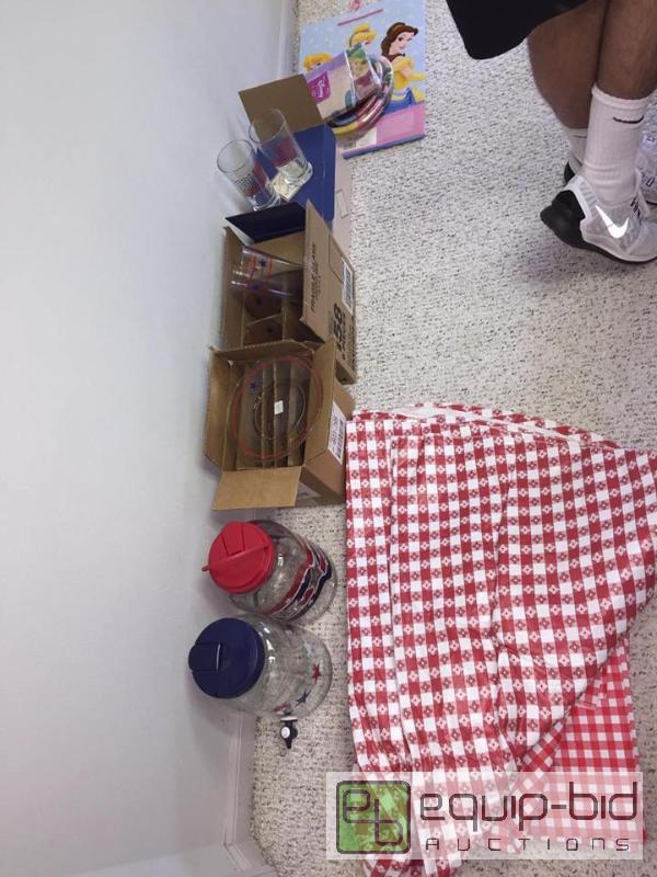 lot 116 image: Large Lot Fourth of July Decorations, Table Cloths, Drink despensers, and Disney Princess Items