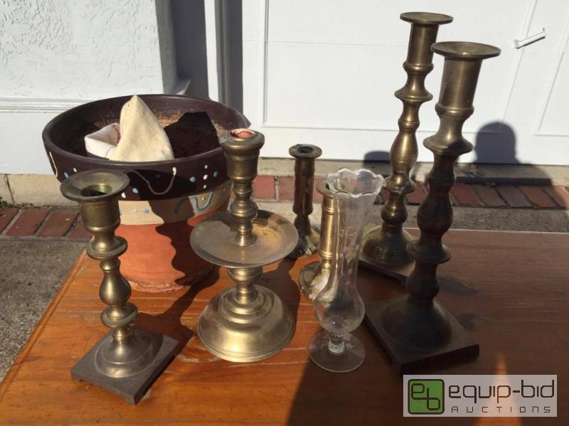 lot 187 image: Various lot Brass Candlesticks, Wheel Cut Glass Bud Case, Terra Cotta Pot, and Pastry Frame