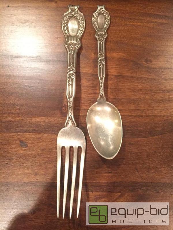 lot 20 image: Antique Victorian Ornate Sterling Silver Large Fork and Spoon