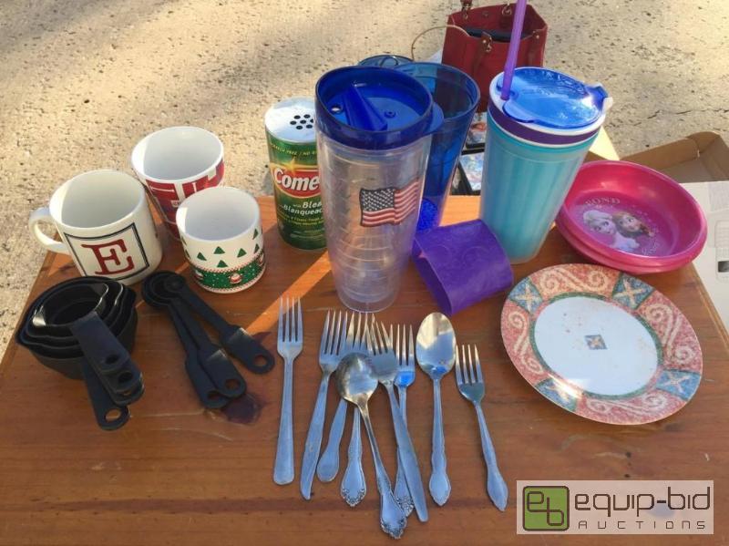 lot 213 image: Christmas Mugs, Measuring Spoons, Plastic Cups, Frozen Plates, Tervis Cup, Mixed Silverware, Bucket