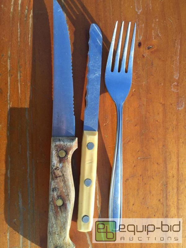 lot 214 image: Vintage Dennys Fork, Bone Handled Knife and Chefs Knife