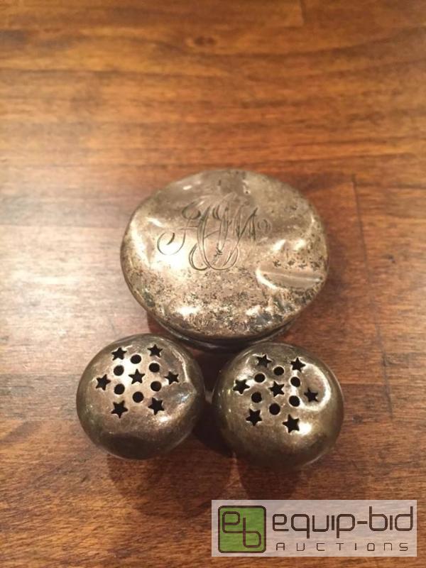lot 22 image: Group Antique Victorian Sterling Silver Salt  Pepper Shaker and Powder Box Lids