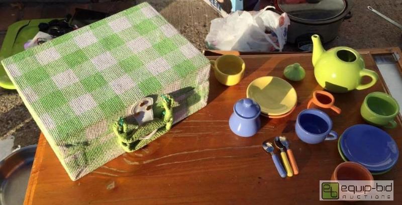 lot 239 image: Vintage Picnic Basket with Fiesta Ware and Childrens Tea Set including Silverware