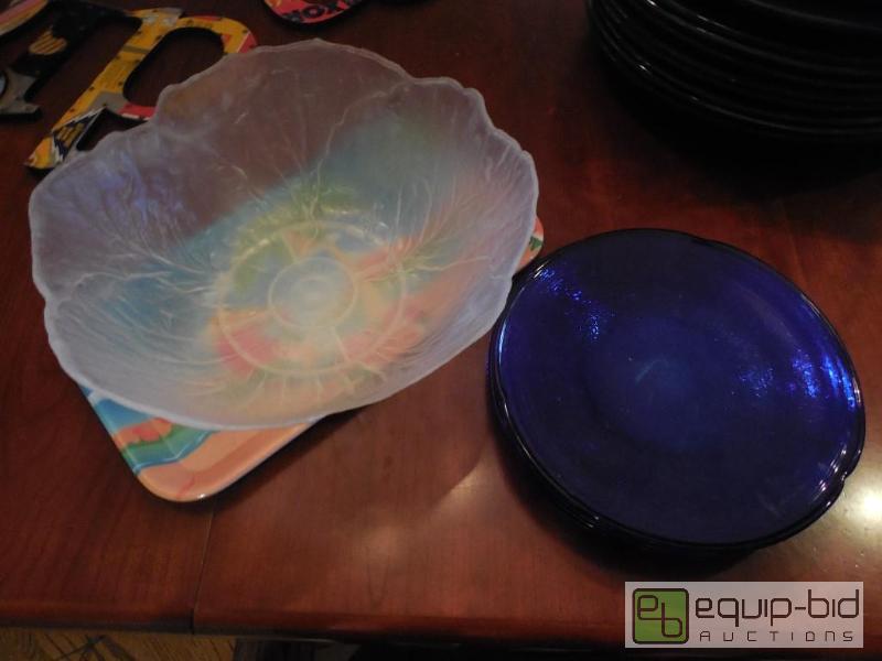 lot 33 image: Cobalt Blue Glass Handblown Plates and Plastic Ware
