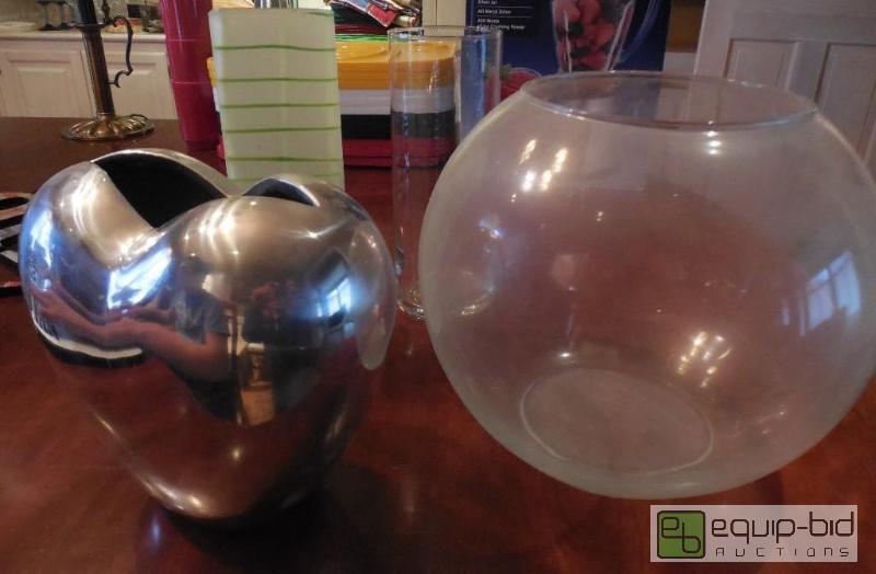 lot 37 image: Group Various Vases Handblown glass, Halls Polished Pewter Heart, Large Fishbowl