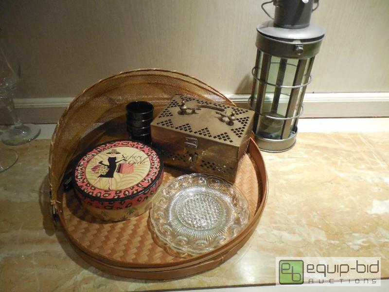 lot 43 image: Basket, Shot Glasses, Brass trinket Box, battery Operated Lantern, Limited Ed. Safari Girl Plates