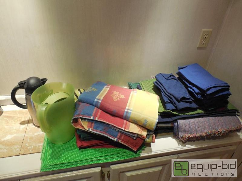 lot 44 image: Large Lot Various Linens, placemats, Table Cloths, Stainless Steel Coffee pitcher