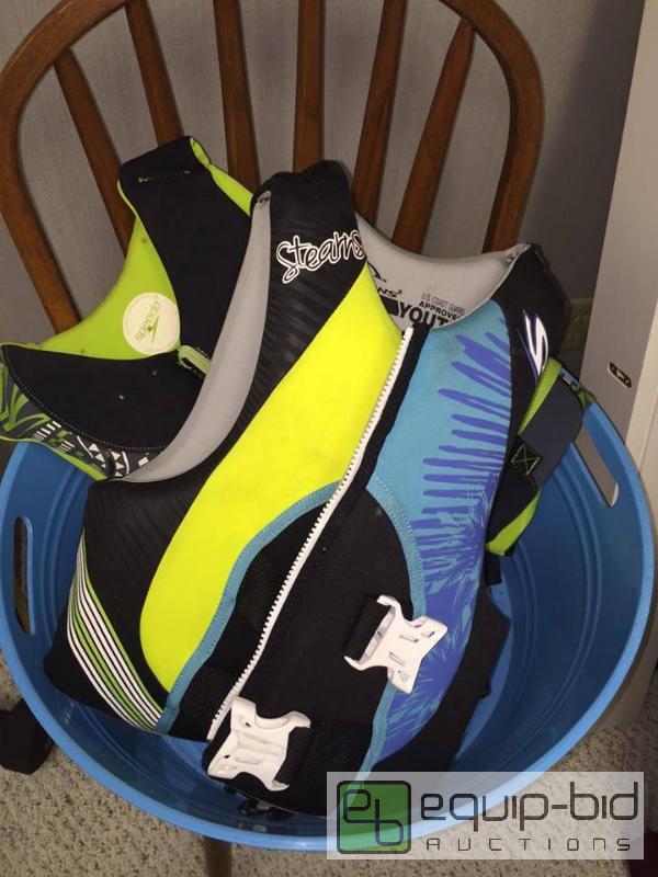 lot 58 image: Group of Life Jackets, Swim Fins, and Bucket - STEARN