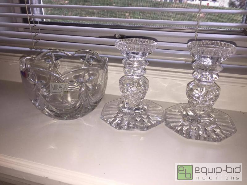 lot 60 image: Mikasa German Crystal Bowl and Antique Glass candle sticks